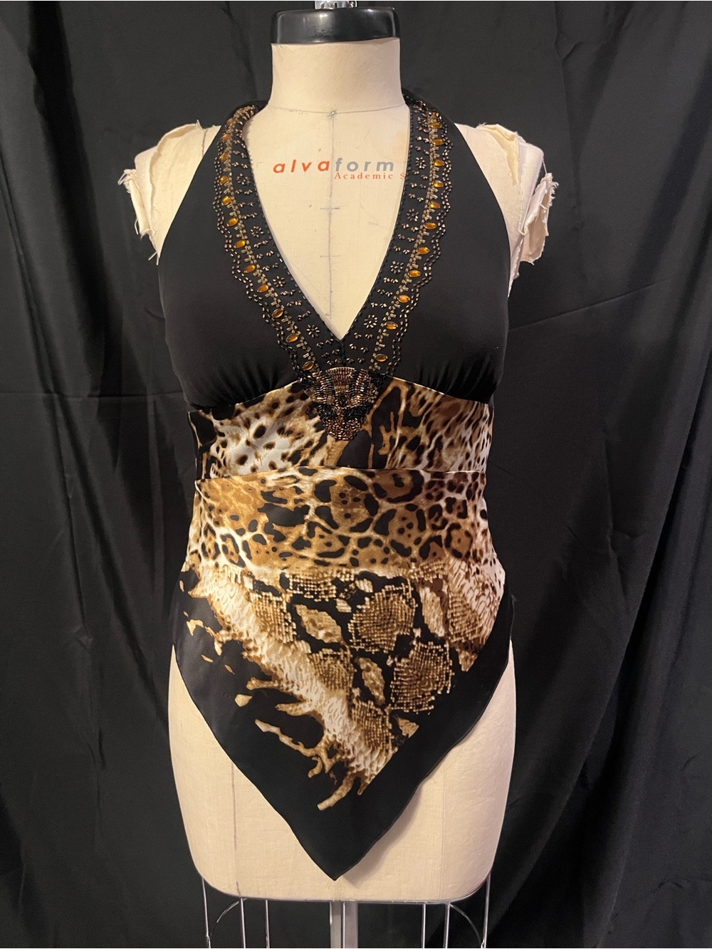 Black & Leopard and Snake Print Beaded/ Sequin Halter Top - Picture 2 of 8